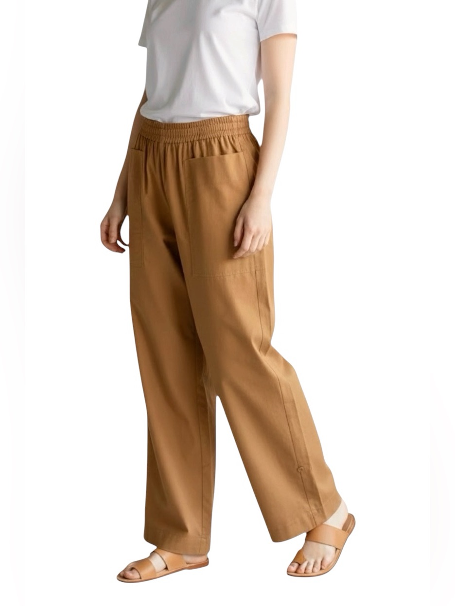Story Made In La High Rise Straight Leg 100% Cotton Pants Camel Tan Medium